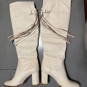 White/Cream Leather Boots with long Fringe (39) + warm furry liner